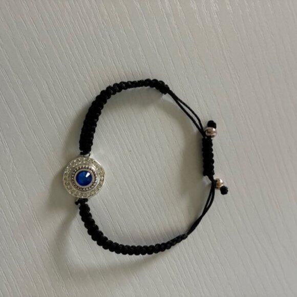 Bracelet - black braided cord with silver tone and blue rhinestone. Expandable. - Picture 2 of 3